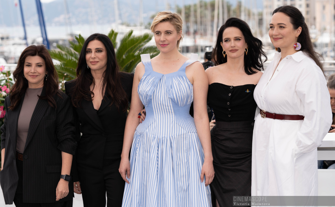 Jury Members, Ebru Ceylan, Nadine Labaki, President of the Jury, Greta Gerwig, Eva Green and Lily Gladstone attend the jury photocall at the 77th annual Cannes Film Festival at Palais des Festivals on May 14, 2024 in Cannes, France.