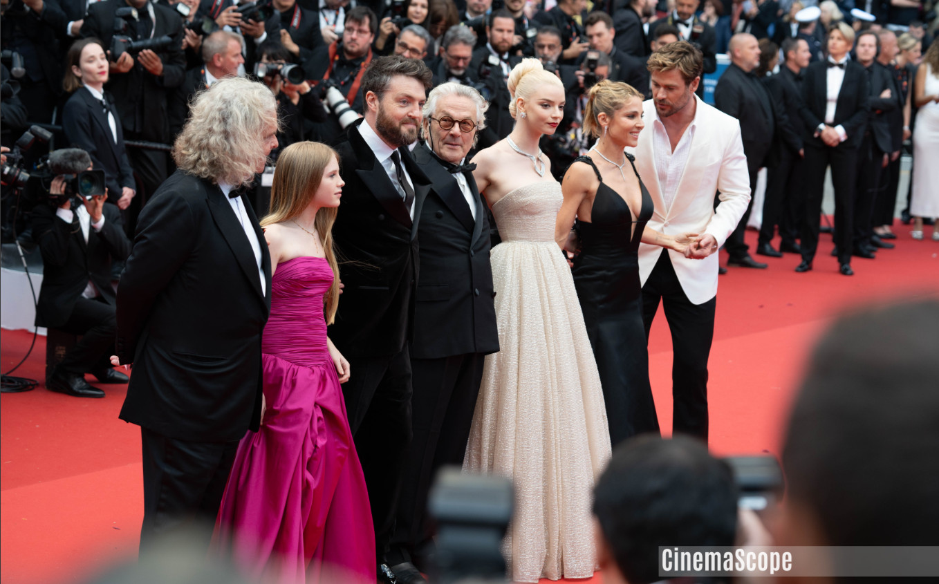 (L-R) Doug Mitchell, Alyla Browne, George Miller, Anya Taylor-Joy, Chris Hemsworth and Elsa Pataky attend the "Furiosa: A Mad Max Saga" (Furiosa: Une Saga Mad Max) Red Carpet at the 77th annual Cannes Film Festival at Palais des Festivals on May 15, 2024 in Cannes, France. Photo by Victoria Mazurova
